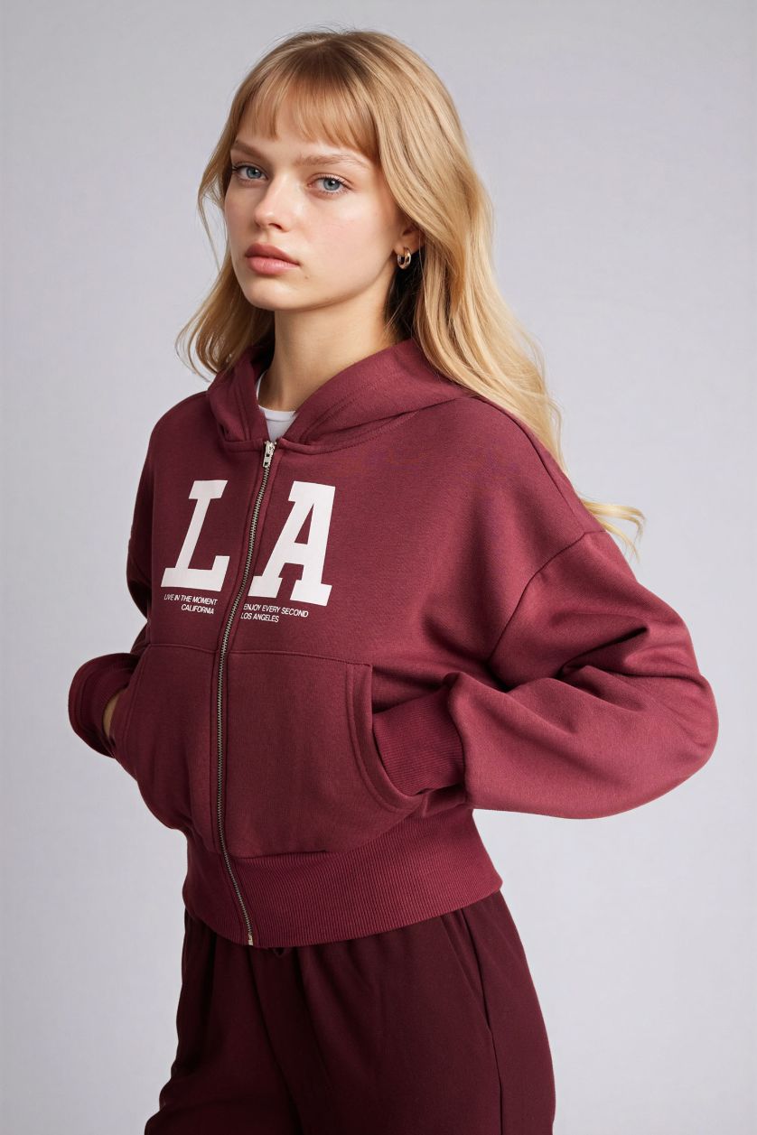 WOMAN Bordeaux Cropped Fit Printed Zip-Up Hoodie