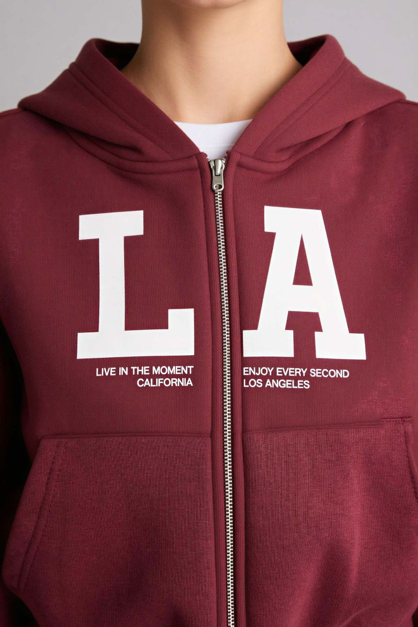WOMAN Bordeaux Cropped Fit Printed Zip-Up Hoodie
