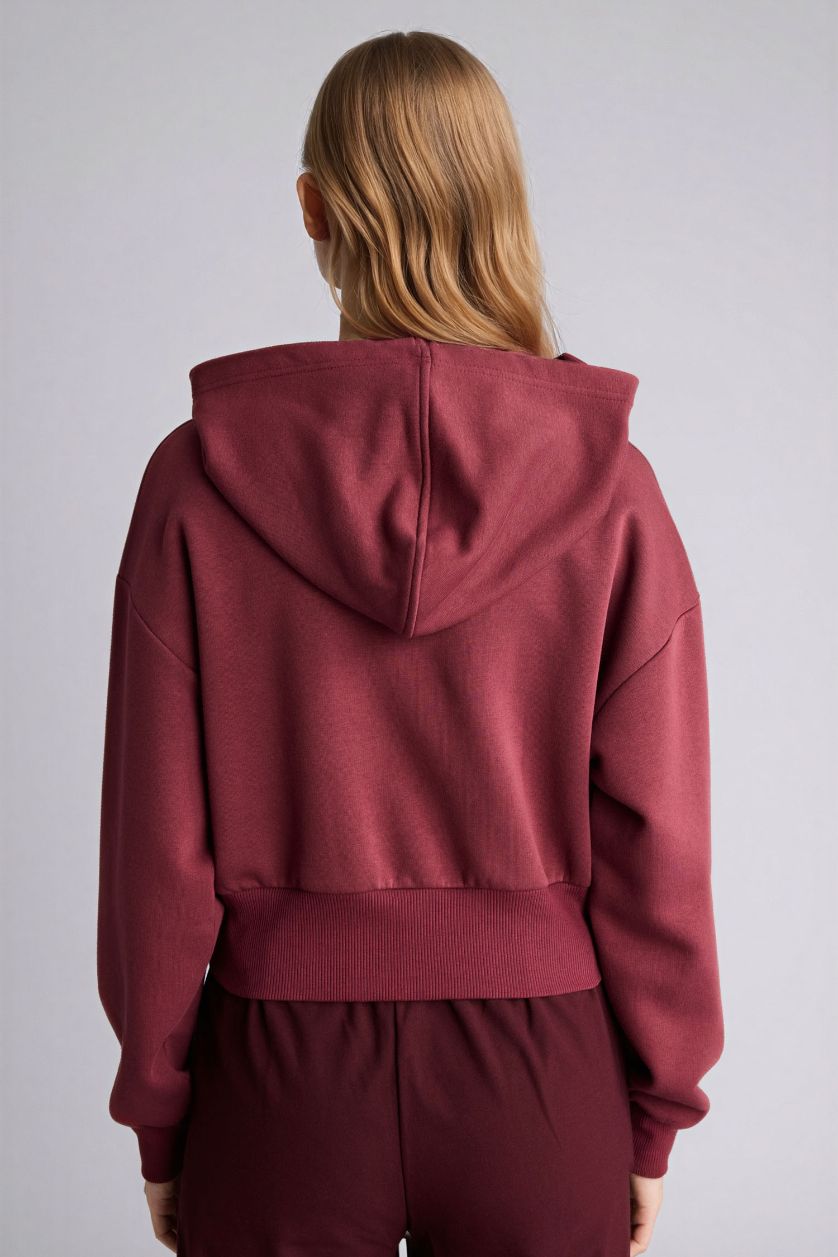 WOMAN Bordeaux Cropped Fit Printed Zip-Up Hoodie