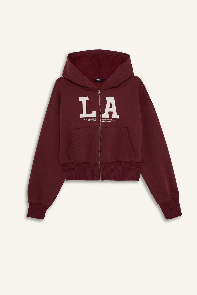 WOMAN Bordeaux Cropped Fit Printed Zip-Up Hoodie