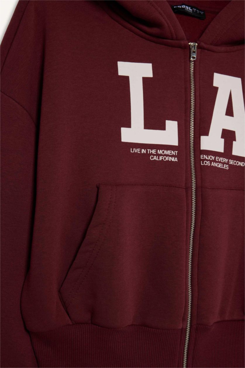 WOMAN Bordeaux Cropped Fit Printed Zip-Up Hoodie