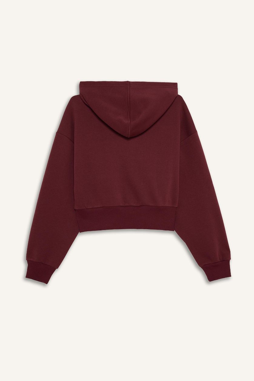 WOMAN Bordeaux Cropped Fit Printed Zip-Up Hoodie