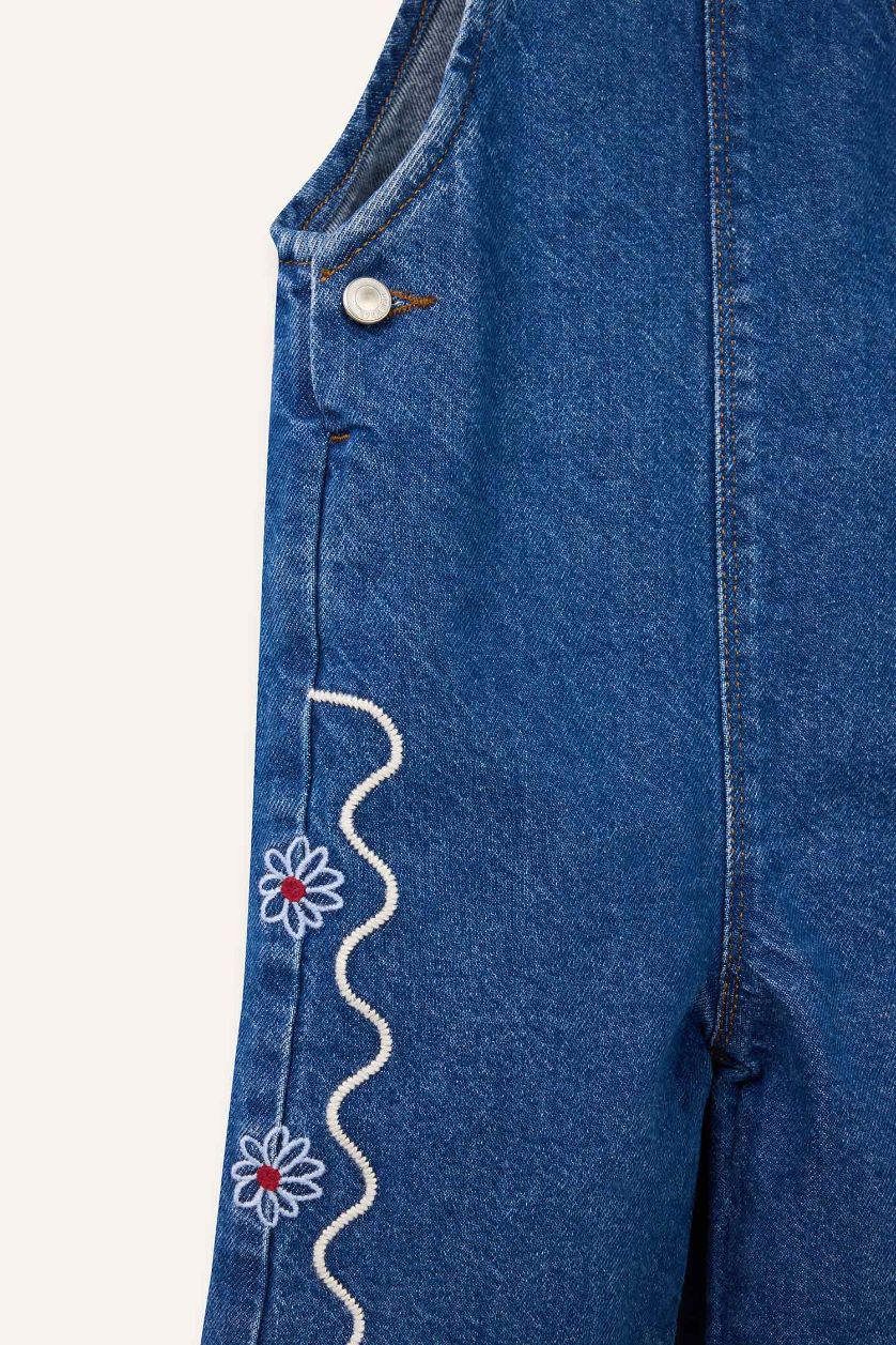 Kız Bebek Koyu Mavi Nakışlı Salopet Jean Tulum Kız Bebek