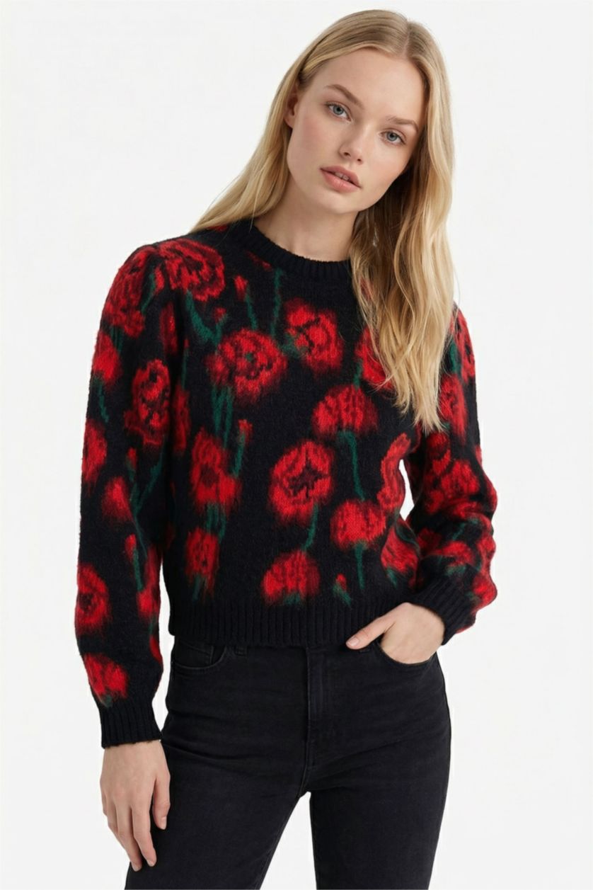 Woman Black Regular Fit Crew Neck Romantic Print Pullover
