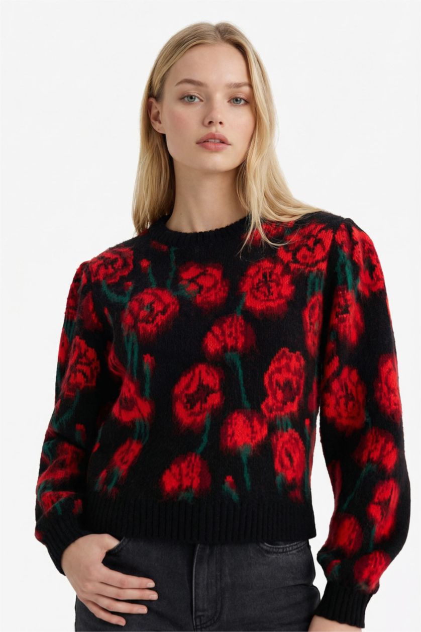 Woman Black Regular Fit Crew Neck Romantic Print Pullover
