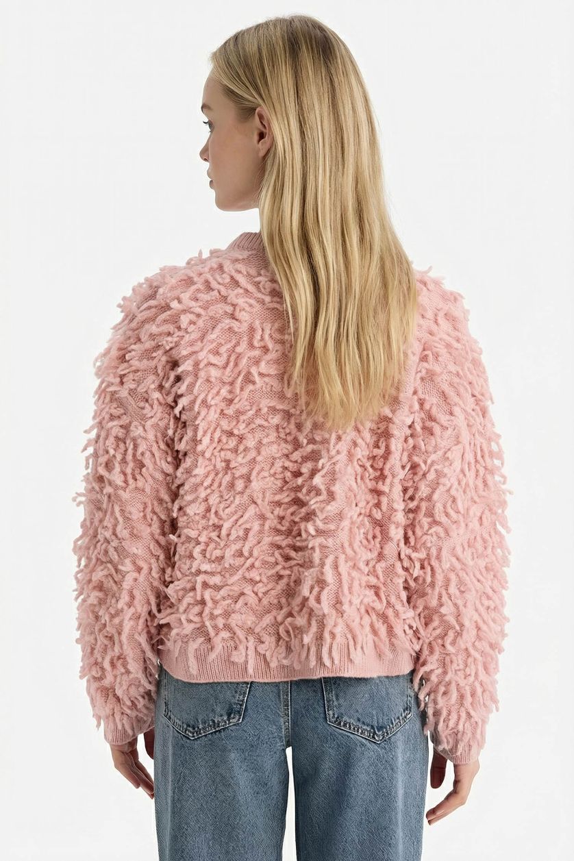 Kadın Pembe Regular Fit Bisiklet Yaka Püsküllü Triko Kazak