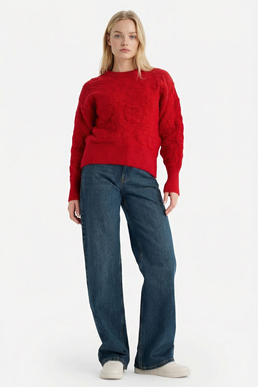 Kadın Kırmızı Regular Fıt Bisiklet Yaka Kazak