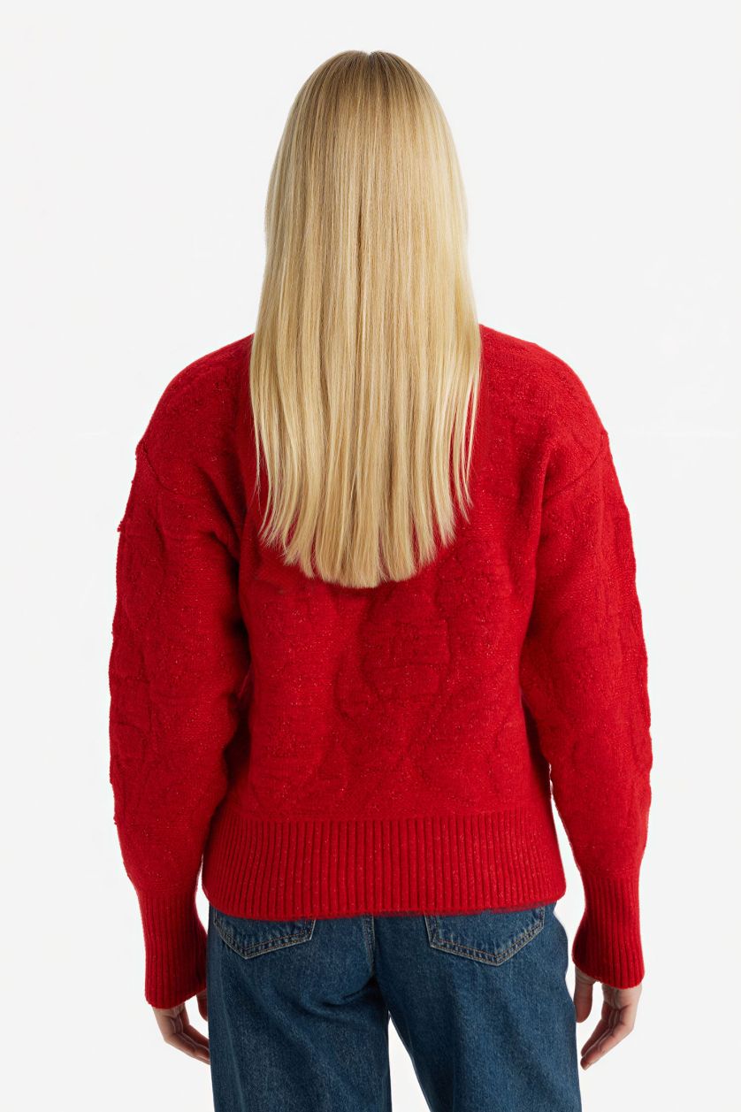 Kadın Kırmızı Regular Fıt Bisiklet Yaka Kazak