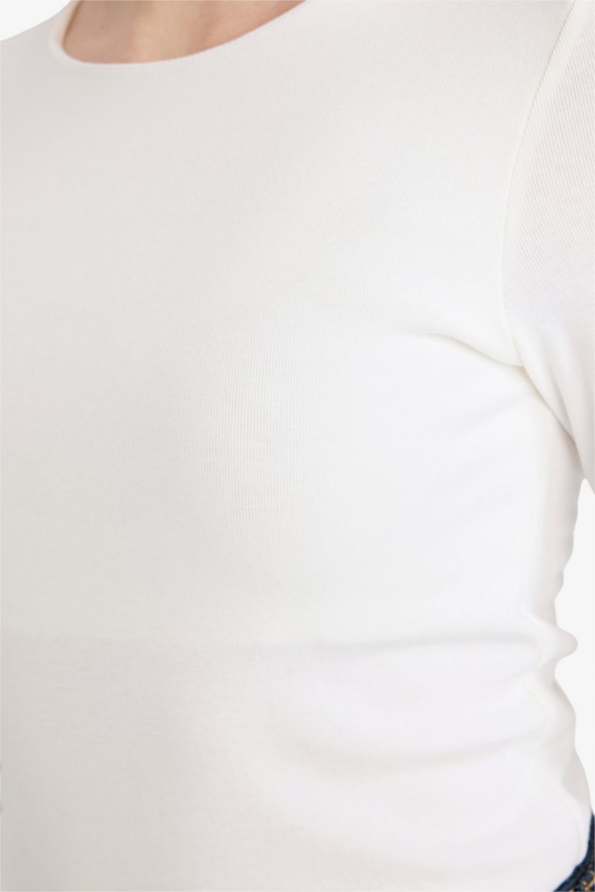 Woman Ecru تيشيرت سادة ردن طويل سليم فيت وياخة مستديرة