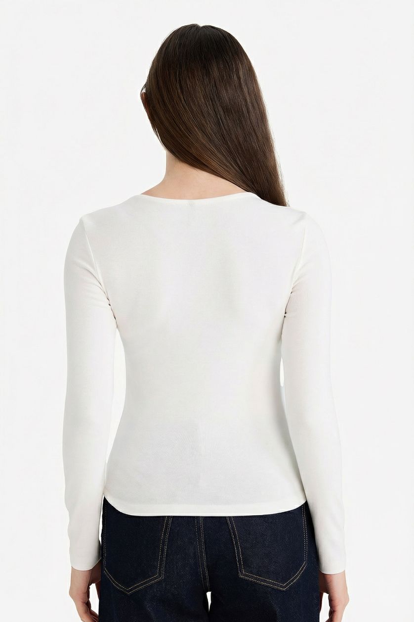 Woman Ecru تيشيرت سادة ردن طويل سليم فيت وياخة مستديرة