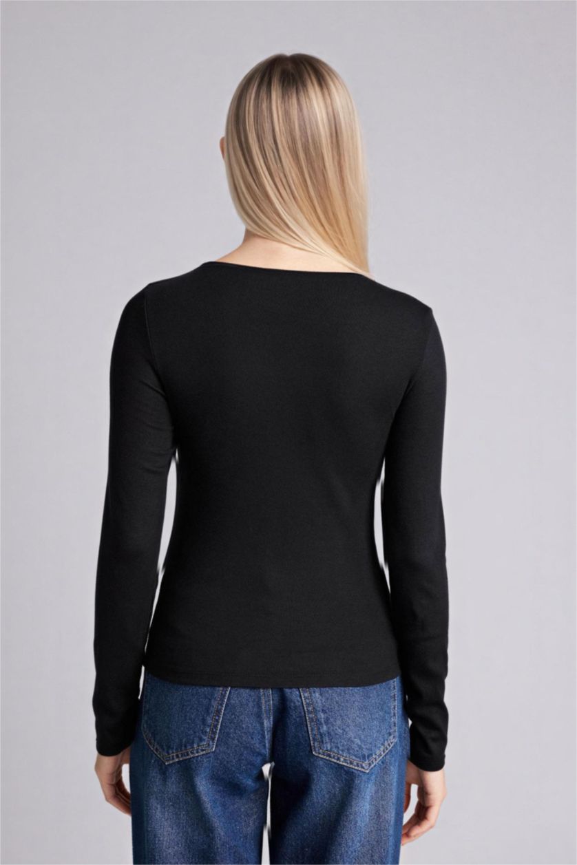 Kadın Siyah Slım Fıt Bisiklet Yaka Basıc Düz Modal Uzun Kollu Tişört