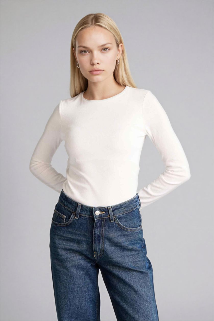 WOMAN Ecru Slim Fit Crew Neck Basic Modal Long Sleeve T-Shirt