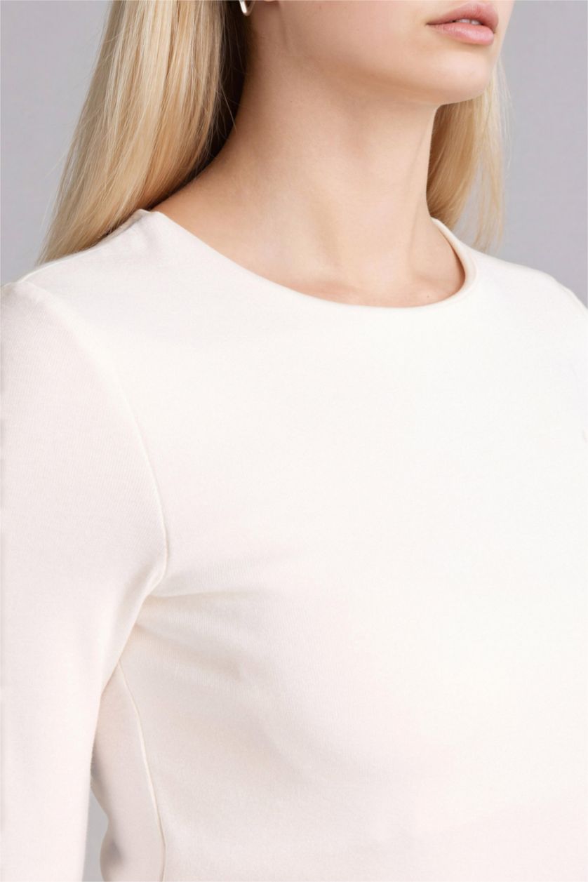 WOMAN Ecru Slim Fit Crew Neck Basic Modal Long Sleeve T-Shirt