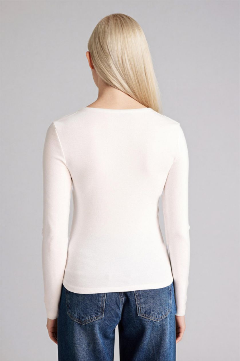 WOMAN Ecru Slim Fit Crew Neck Basic Modal Long Sleeve T-Shirt