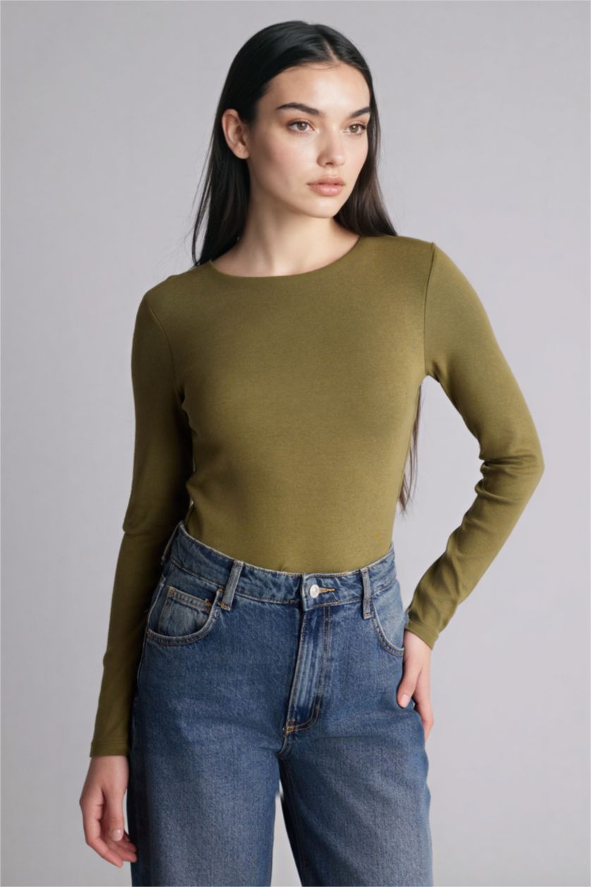 Woman Khaki Slim Fit Crew Neck Basic Modal T-Shirt