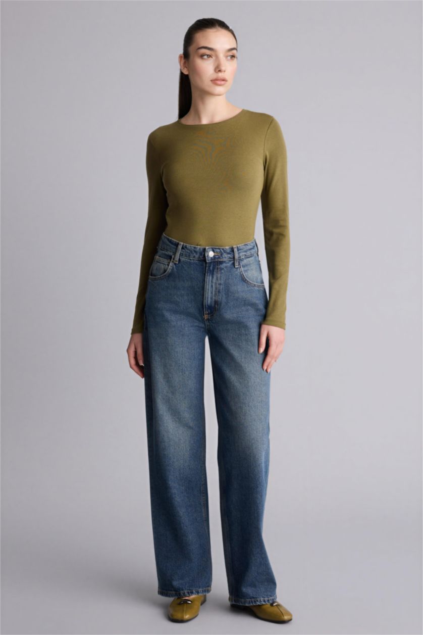 Женщины Хаки Базовая футболка Slim Fit из модала с круглым вырезом и длинным рукавом