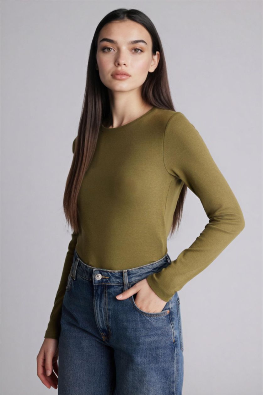 Женщины Хаки Базовая футболка Slim Fit из модала с круглым вырезом и длинным рукавом