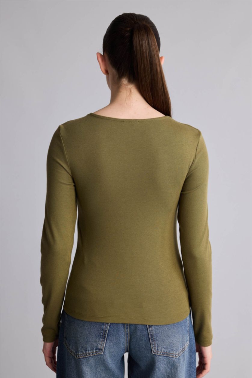 Женщины Хаки Базовая футболка Slim Fit из модала с круглым вырезом и длинным рукавом