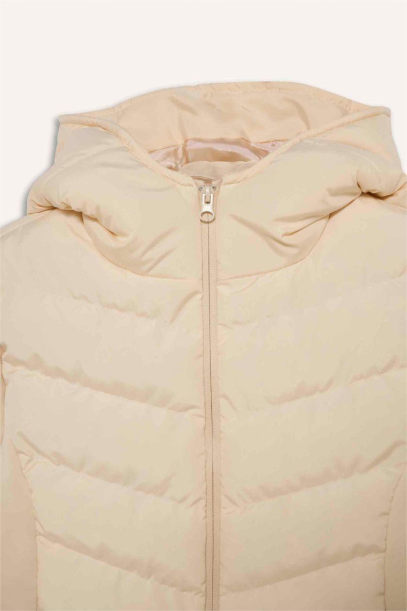 Kadın Ekru Rüzgar Geçirmez Kapüşonlu Şişme Mont