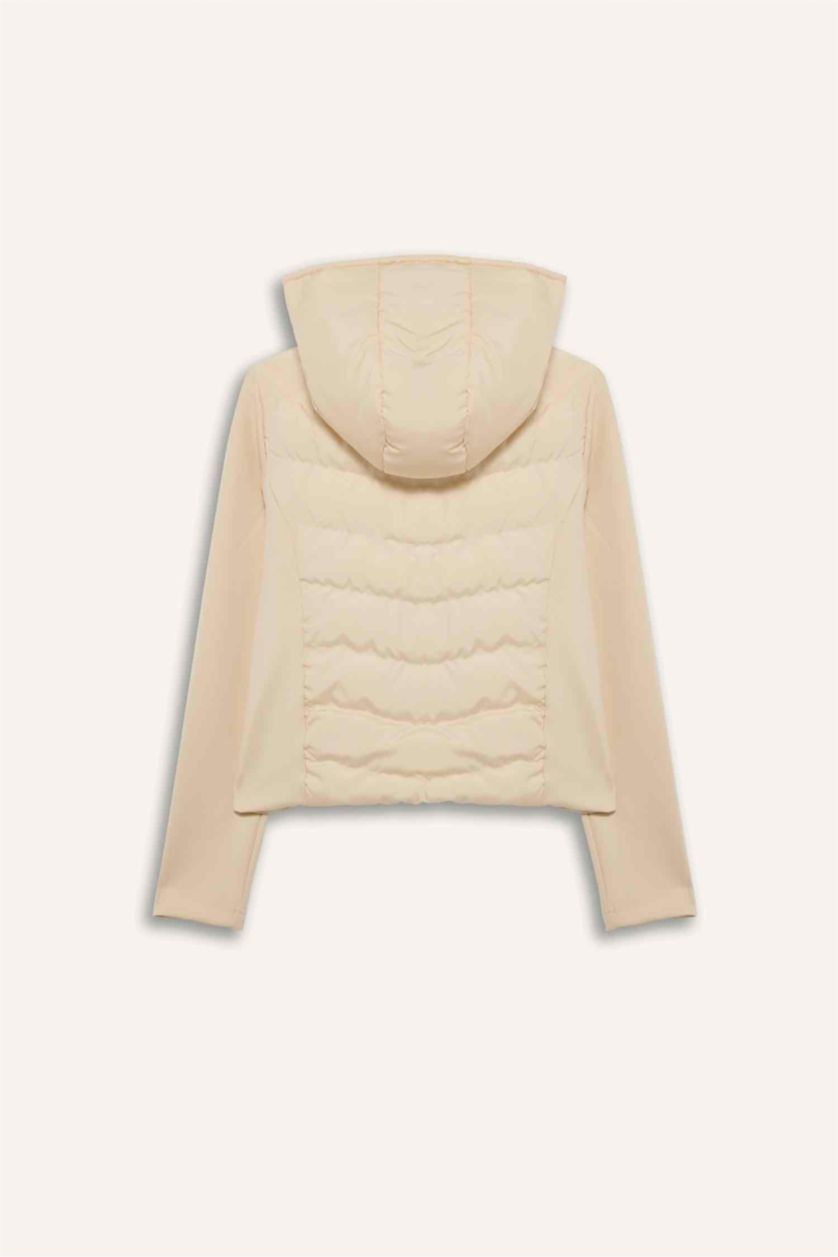 Kadın Ekru Rüzgar Geçirmez Kapüşonlu Şişme Mont