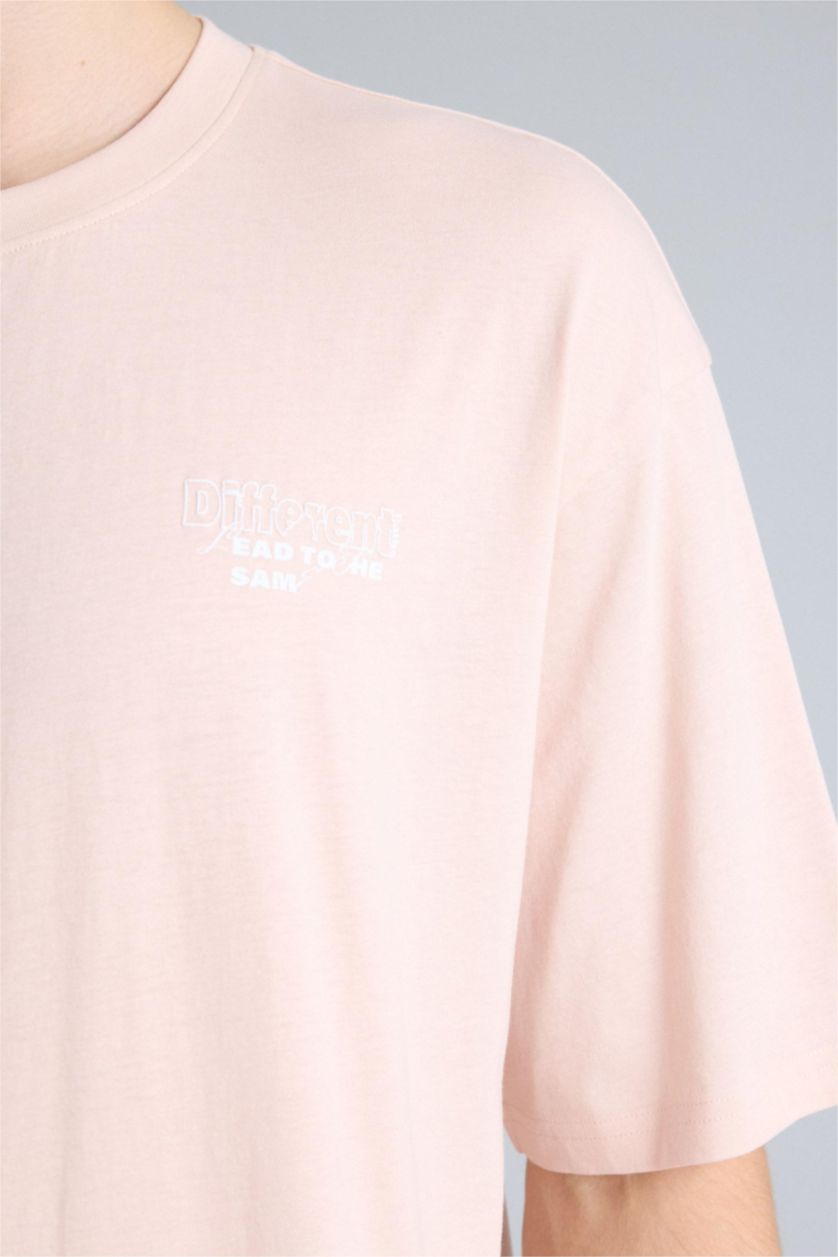 Erkek Pembe Boxy Fit %100 Pamuk Baskılı Tişört