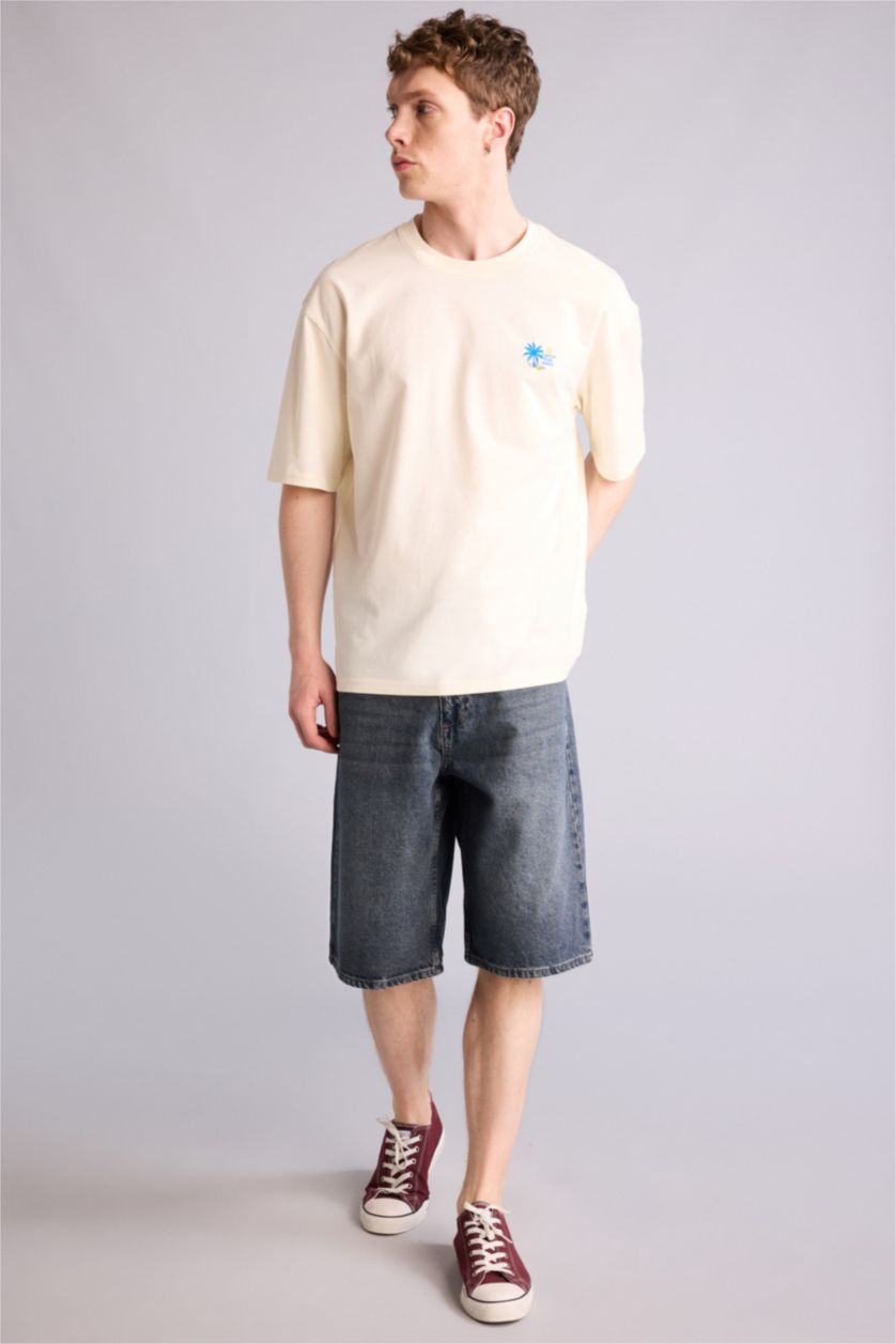 Men Ecru Boxy Fit Short Sleeve T-Shirt