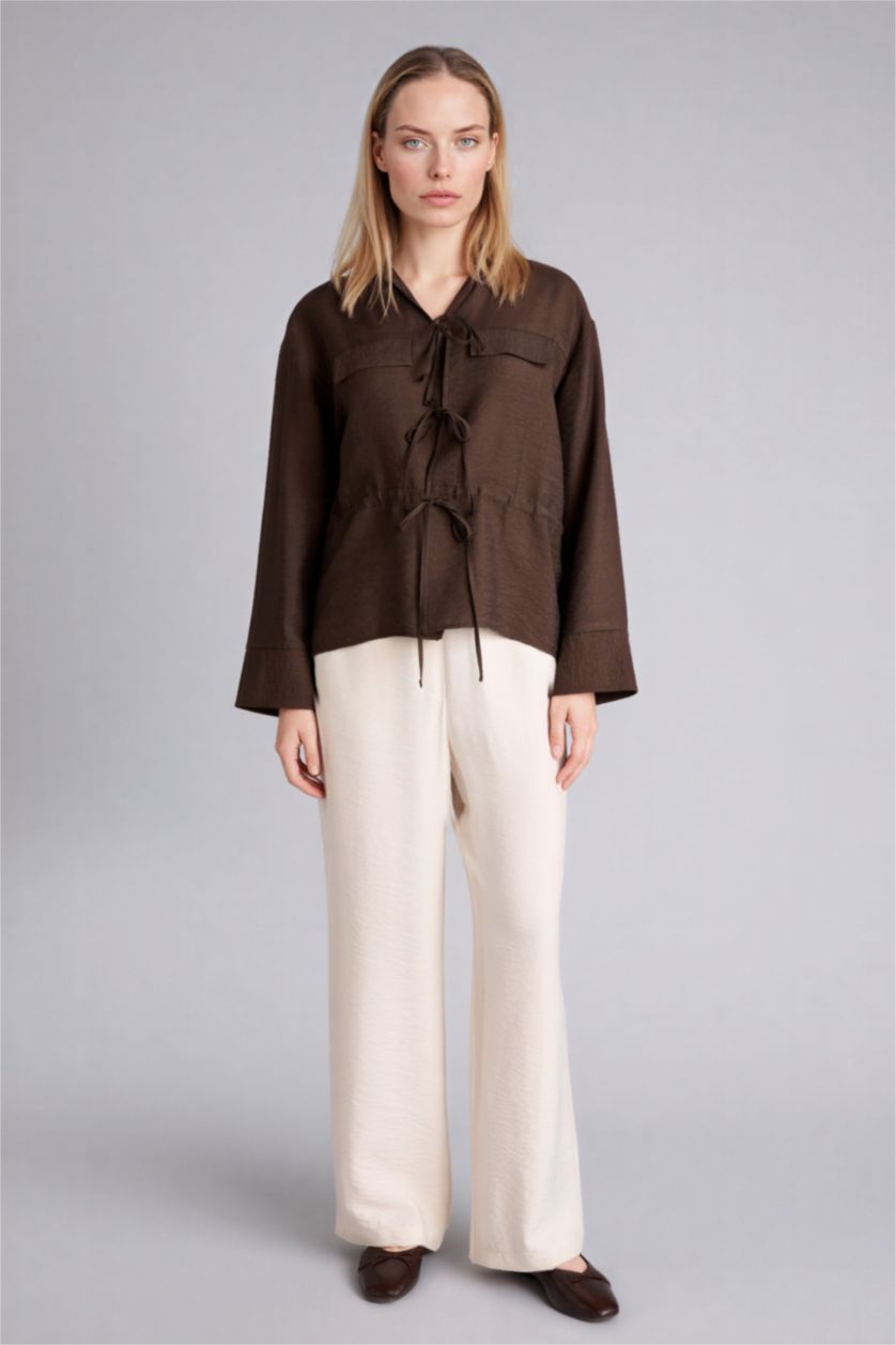 Kadın Kahve Regular Fıt Uzun Kollu Gömlek