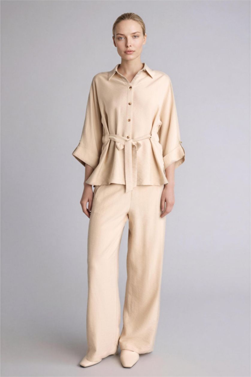 Женщины Песочный Рубашка Relax Fit с рубашечным воротником и длинным рукавом