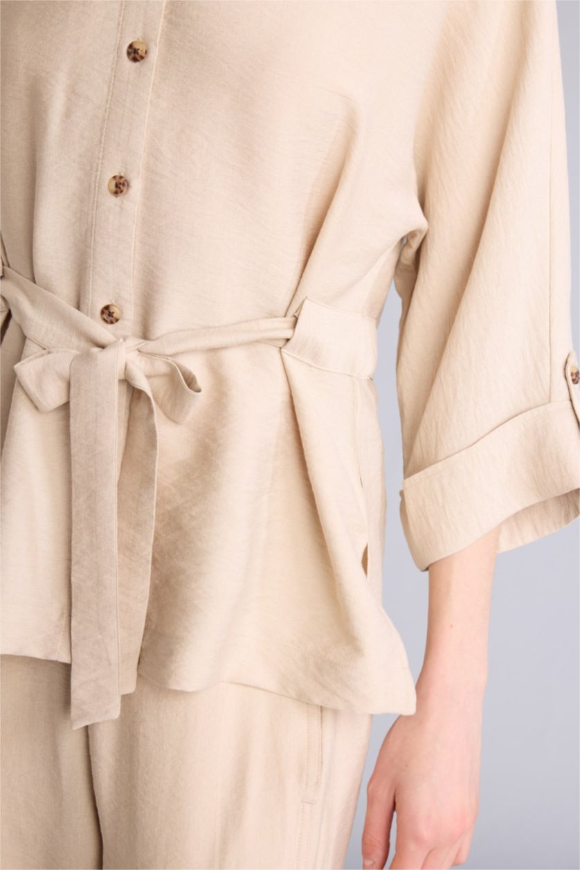 Женщины Песочный Рубашка Relax Fit с рубашечным воротником и длинным рукавом