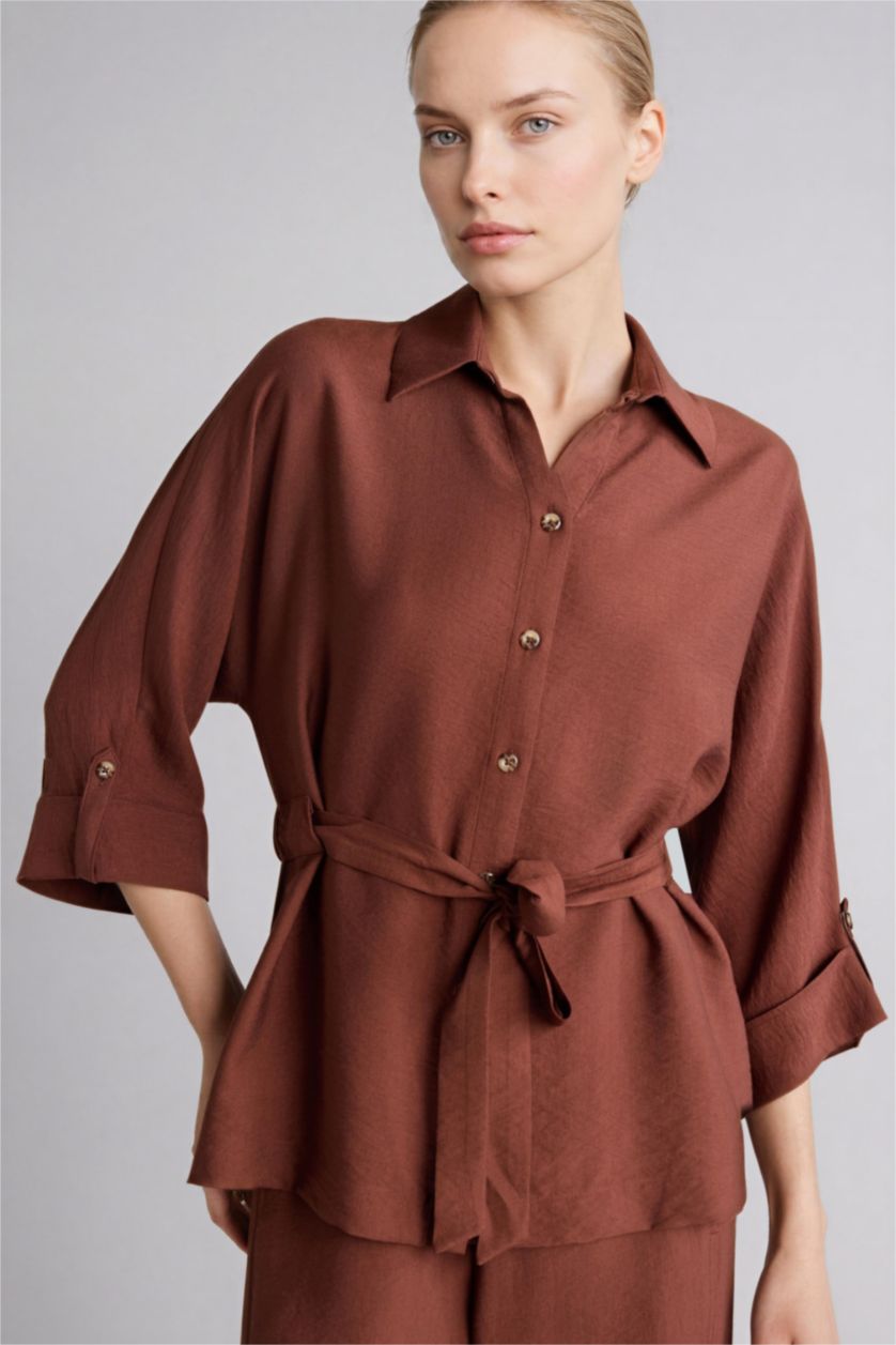 Женщины Коричневый Рубашка Relax Fit с рубашечным воротником и длинным рукавом