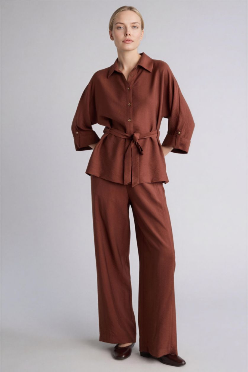 Женщины Коричневый Рубашка Relax Fit с рубашечным воротником и длинным рукавом