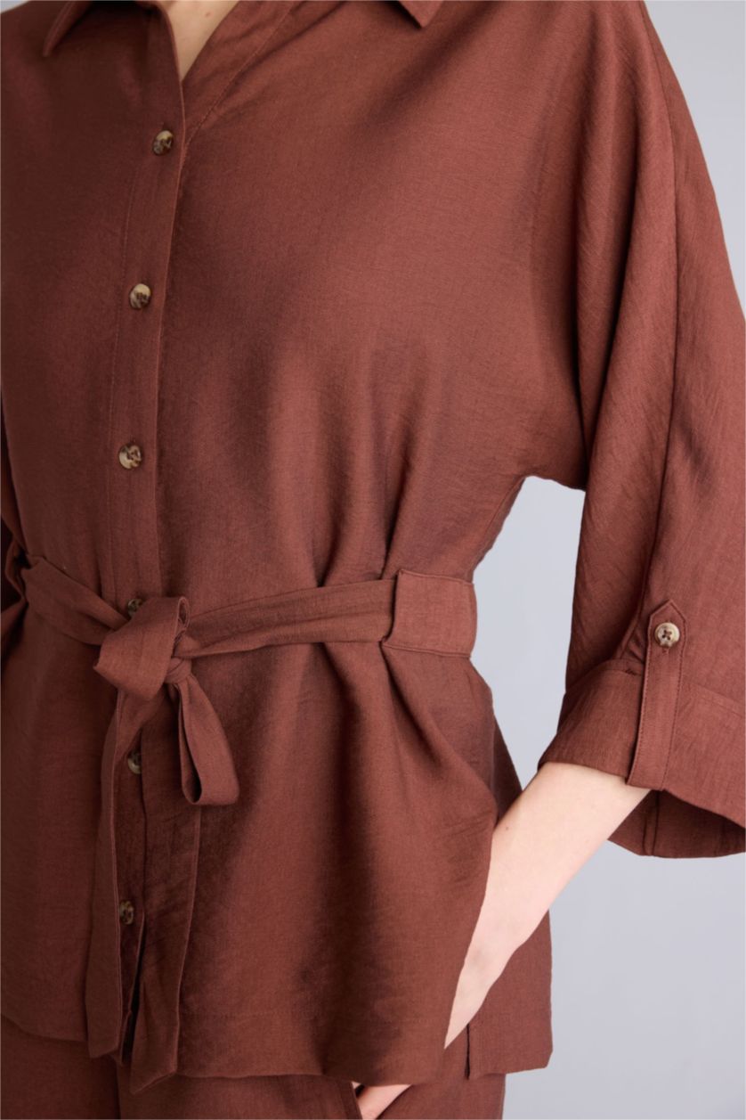 Женщины Коричневый Рубашка Relax Fit с рубашечным воротником и длинным рукавом