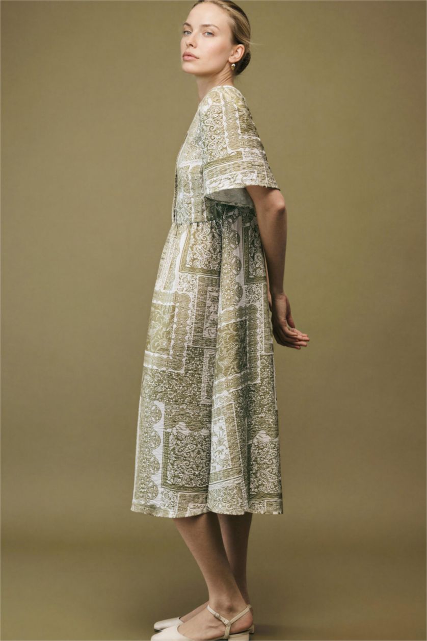 Kadın Ekru A Kesim Desenli Midi Elbise