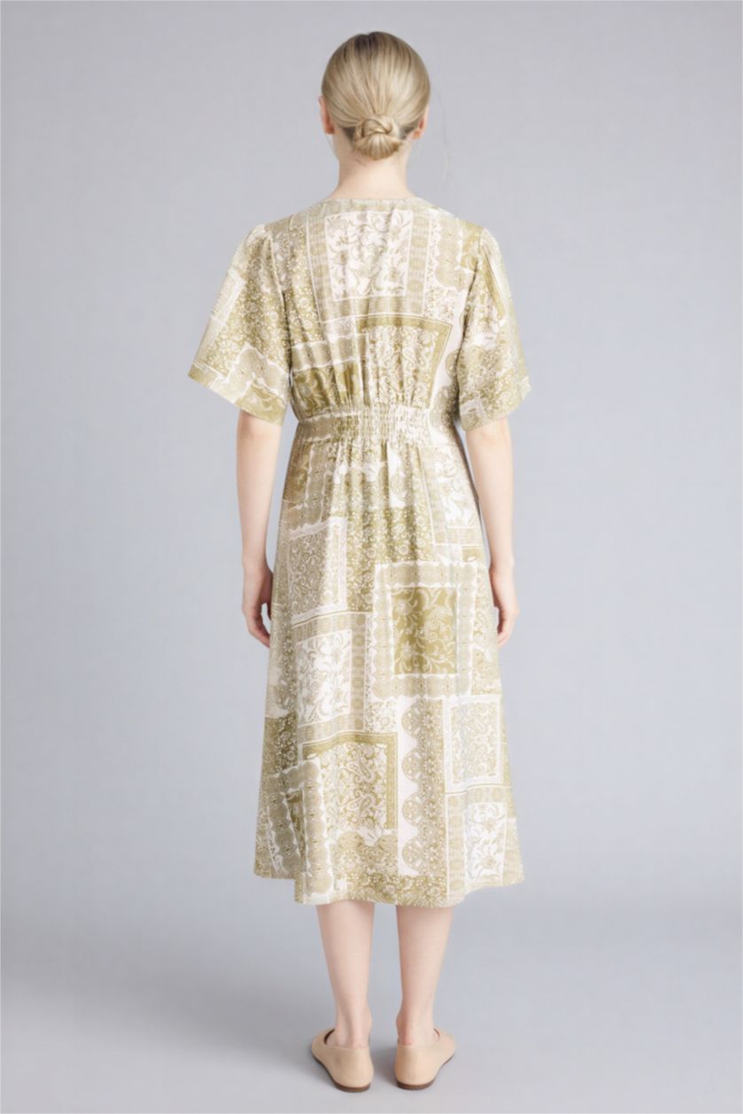 Kadın Ekru A Kesim Desenli Midi Elbise