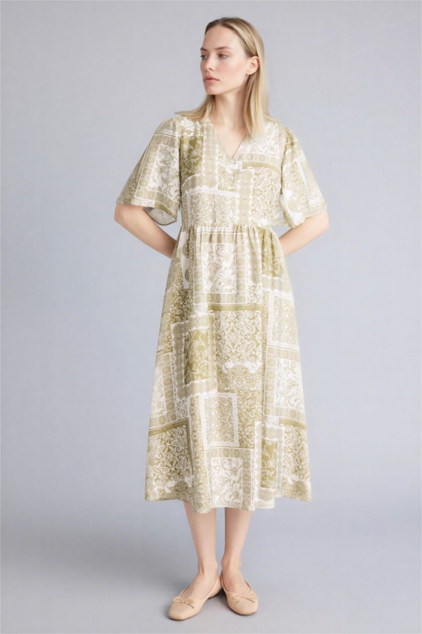 Kadın Ekru A Kesim Desenli Midi Elbise