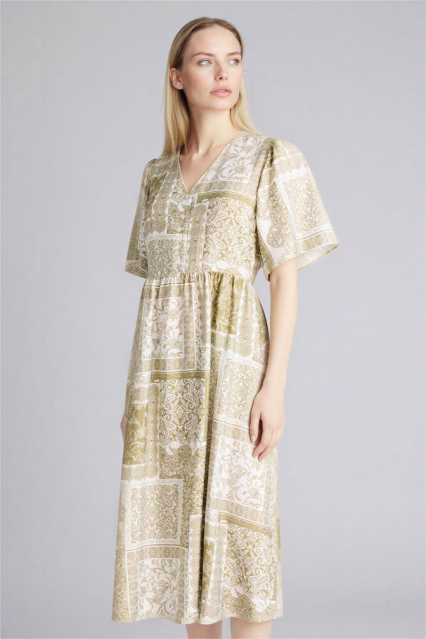 Kadın Ekru A Kesim Desenli Midi Elbise