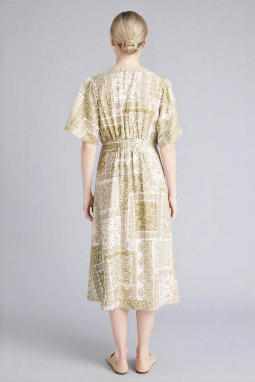 Kadın Ekru A Kesim Desenli Midi Elbise