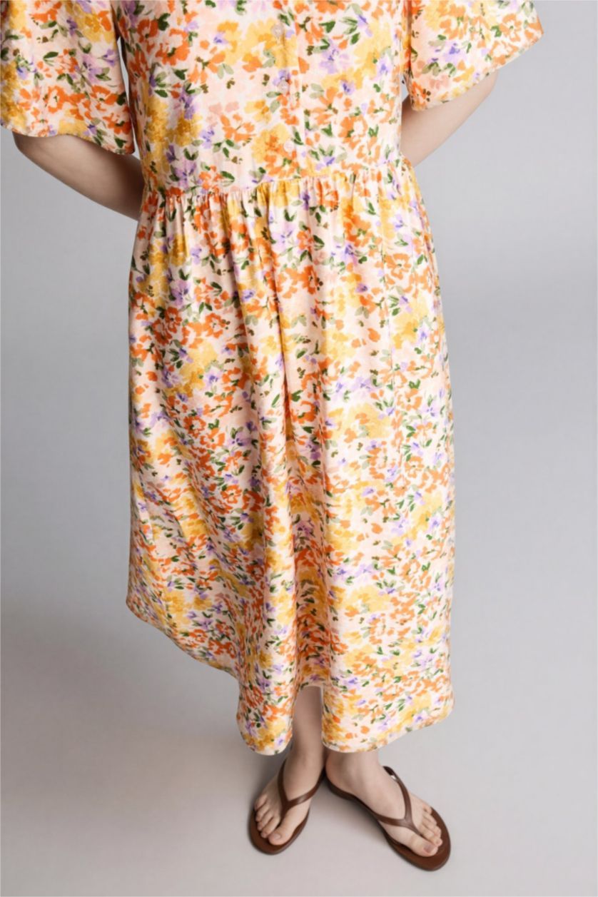 Kadın Taş A Kesim V Yaka Baskılı Kısa Kollu Elbise