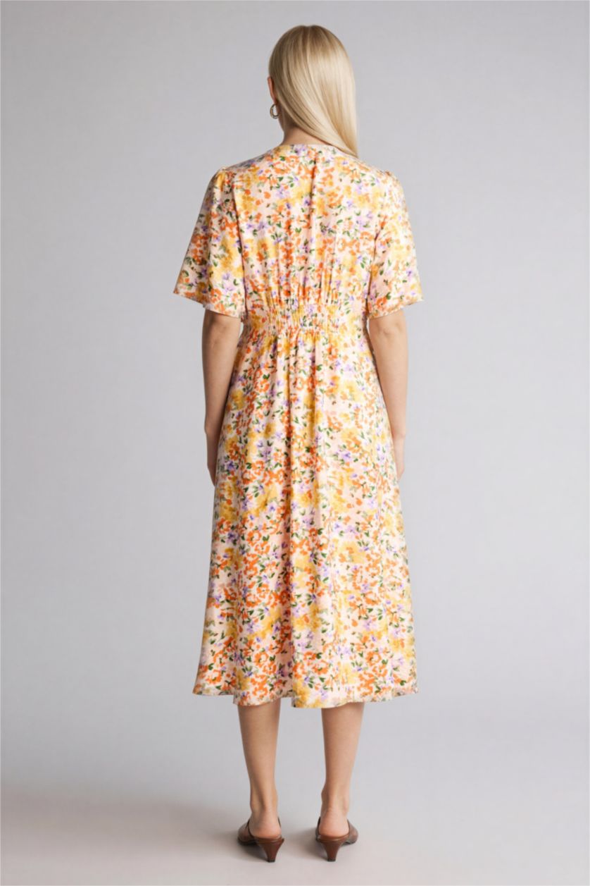 Kadın Taş A Kesim V Yaka Baskılı Kısa Kollu Elbise