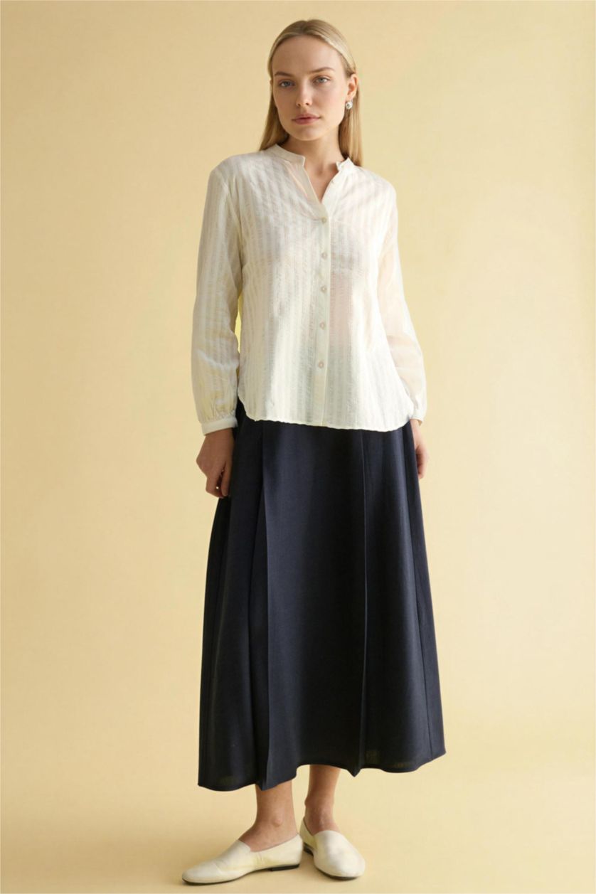 WOMAN NAVY A Cut Linen Blended Skirt