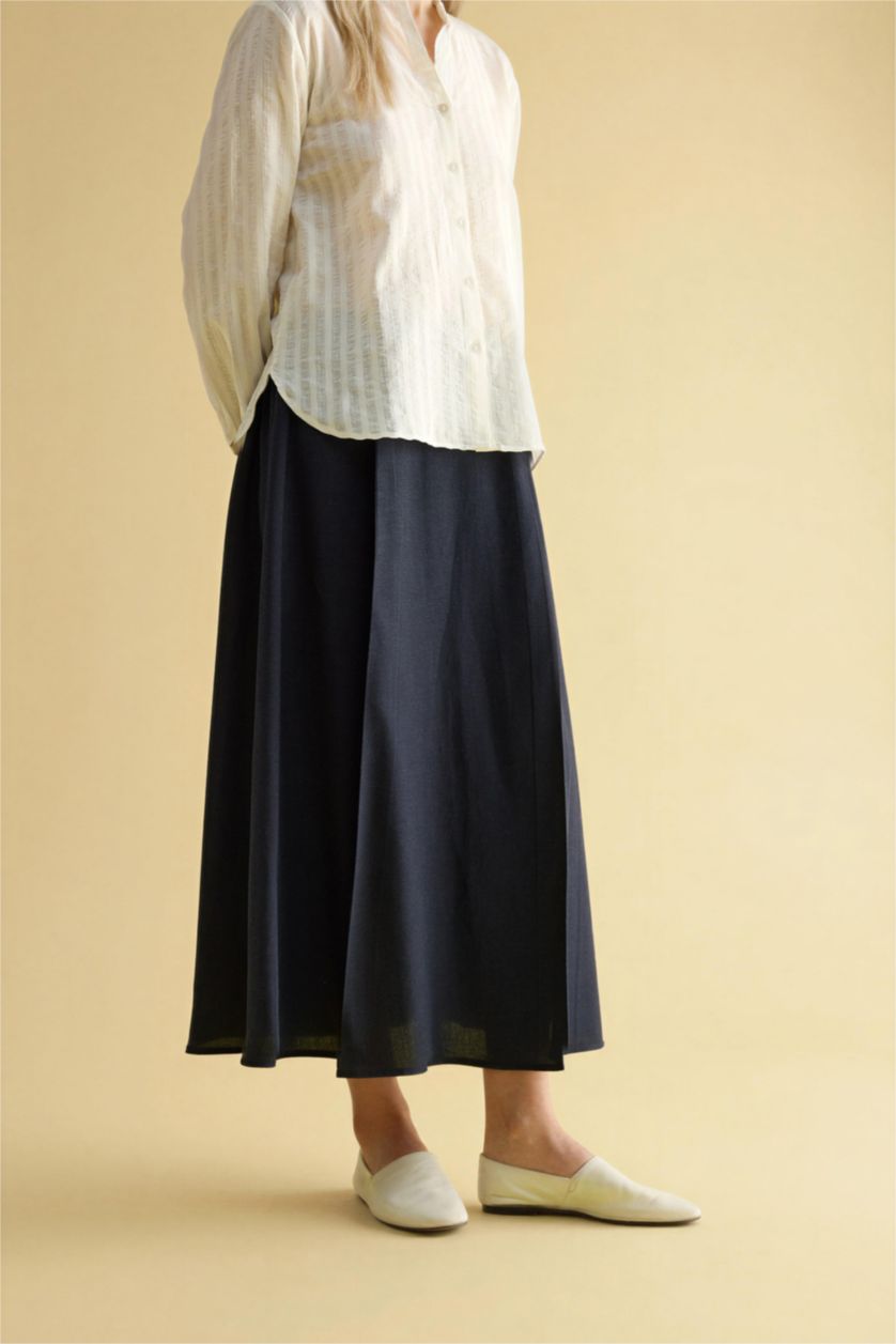 WOMAN NAVY A Cut Linen Blended Skirt