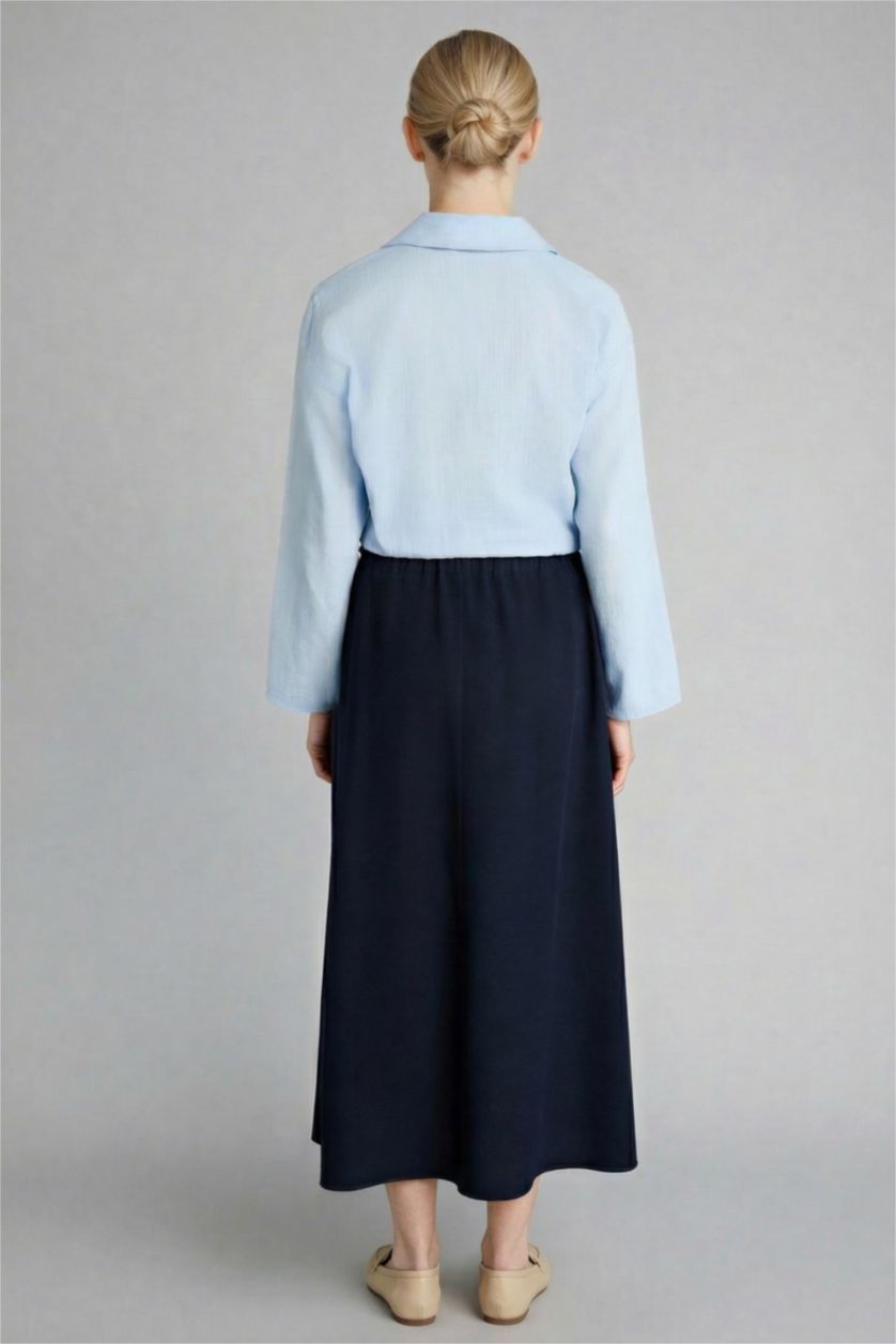 WOMAN NAVY A Cut Linen Blended Skirt