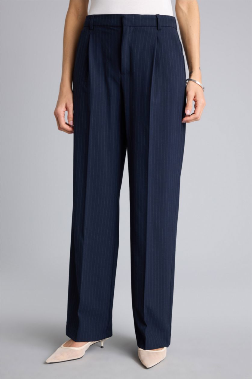 حريمي كحلي بنطلون مخطط وايد ليج برجل واسع وخصر عالي