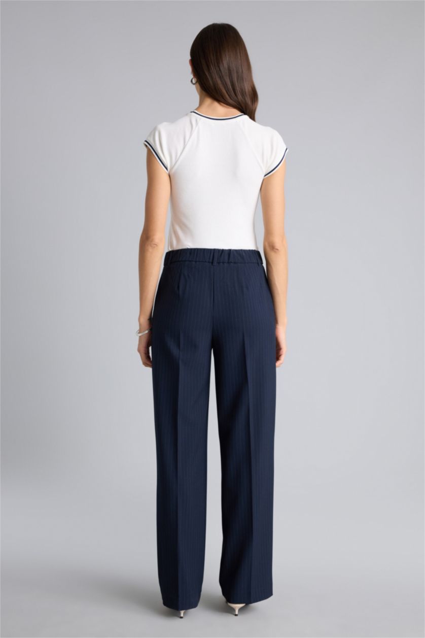 حريمي كحلي بنطلون مخطط وايد ليج برجل واسع وخصر عالي