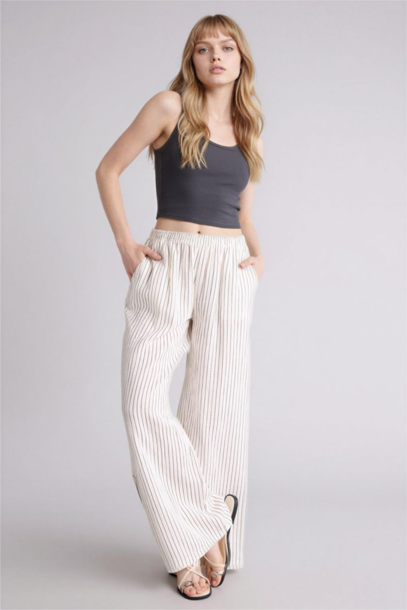 Женщины Бежевый Муслиновые брюки Wide Leg стандартной длины с нормальной посадкой и деталью кармана