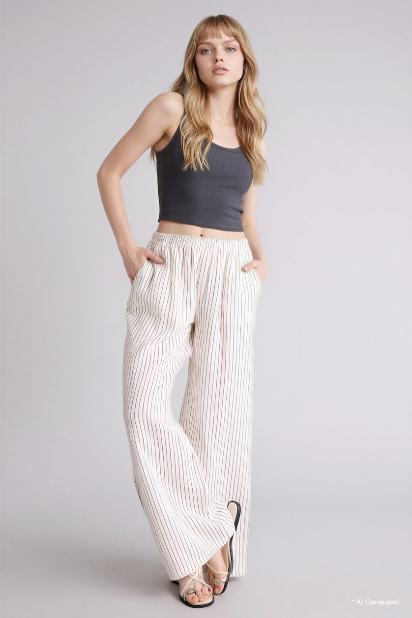 Woman Ecru Wide Leg Pocket Detailed Striped Muslin Trousers