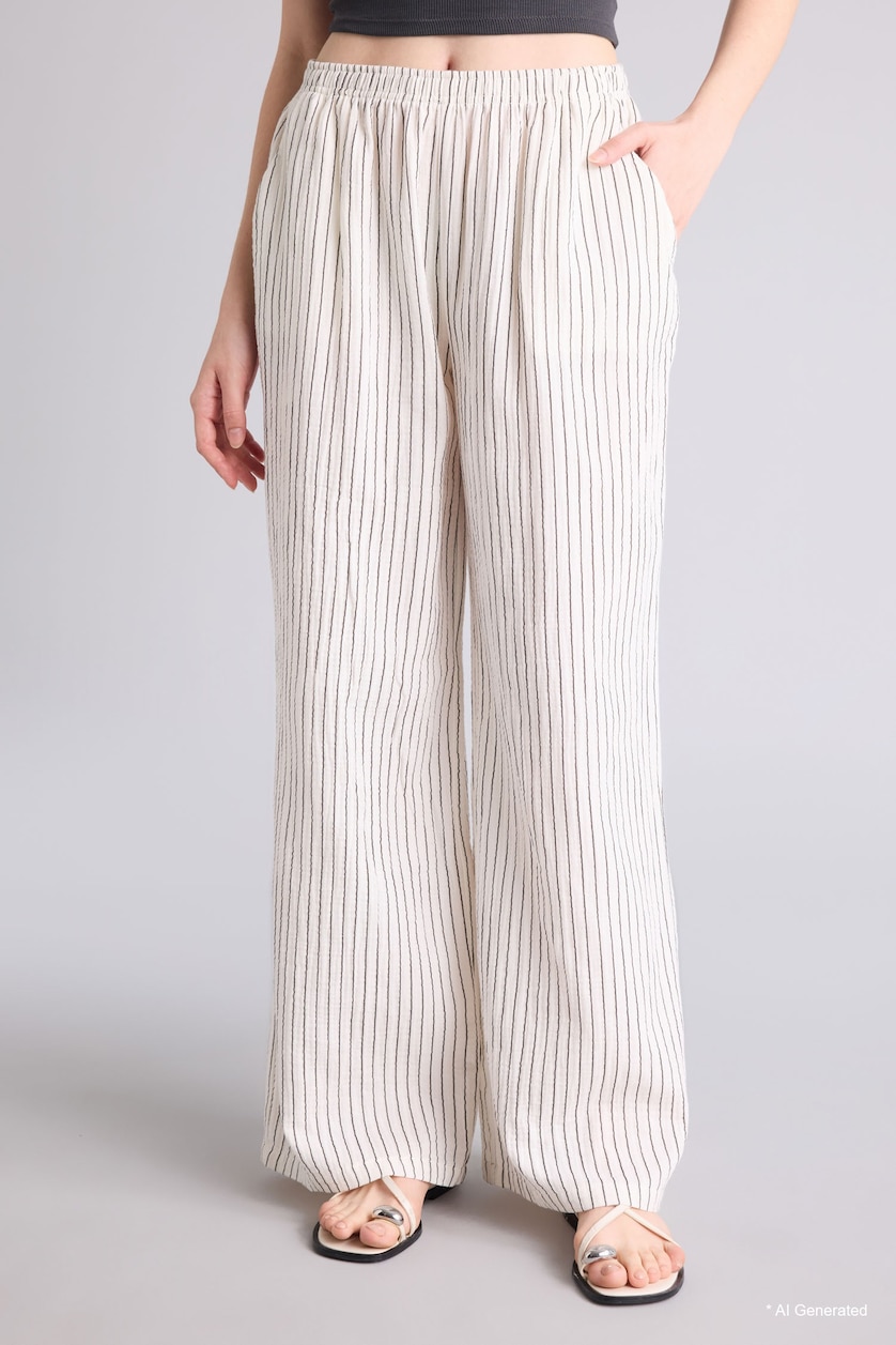 Woman Ecru Wide Leg Pocket Detailed Striped Muslin Trousers