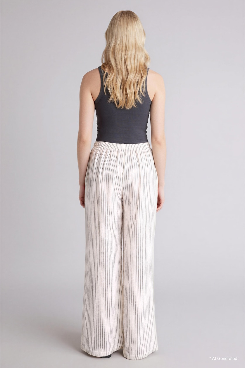 Woman Ecru Wide Leg Pocket Detailed Striped Muslin Trousers
