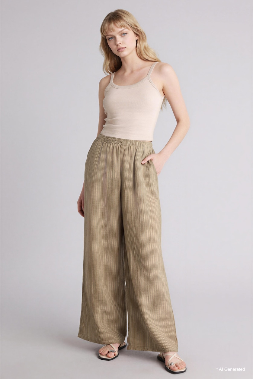 WOMAN Khaki Wide Leg Pocket Detailed Striped Muslin Trousers