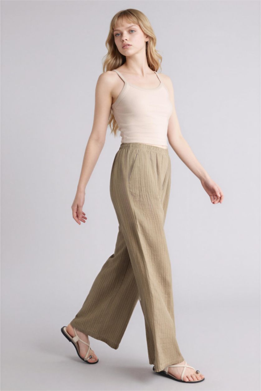 Женщины Хаки Муслиновые брюки Wide Leg стандартной длины с нормальной посадкой и деталью кармана